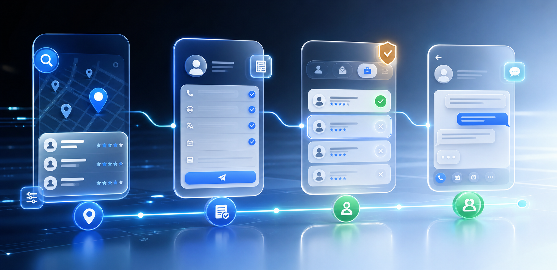 Futuristic connected workflow panels for discovering, applying, reviewing, and managing part-time jobs